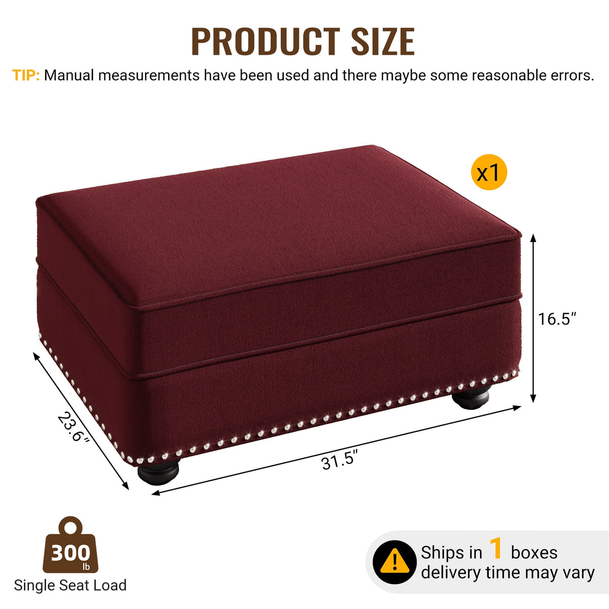 Velvet Ottoman to Combine with Single Seater Sofa, 2 Seater Sofa and 3 Seater Sofa, Suitable for Living Rooms, Apartments, Offices,Burgundy