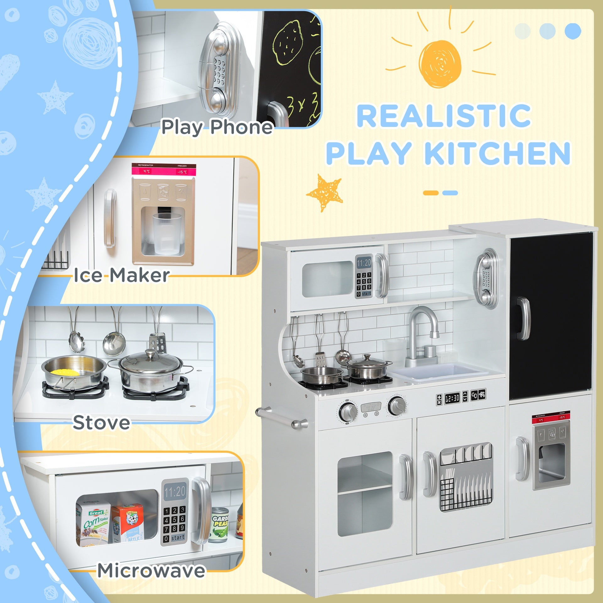 Qaba Play Kitchen, Kids Kitchen Playset Pretend Play Toy Kitchen with Play Phone, Chalkboard, Towel Rack, Ice Maker, 5 Accessories, Storage Space, Microwave & Sink, Gift for 3-8 Years, White