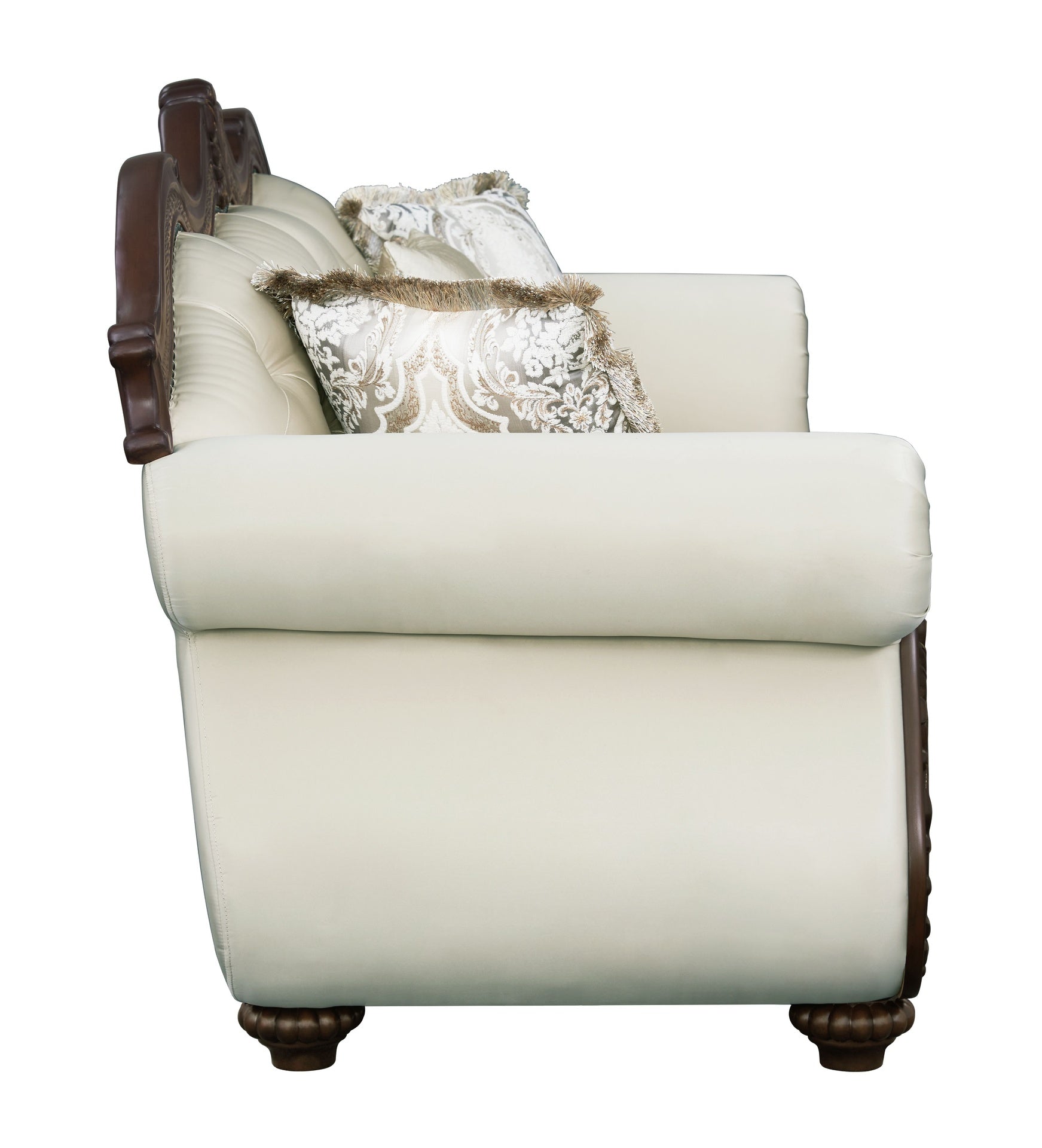 Pierce Beige Fabric & Cherry Finish Sofa w/5 Pillows