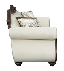Pierce Beige Fabric & Cherry Finish Sofa w/5 Pillows