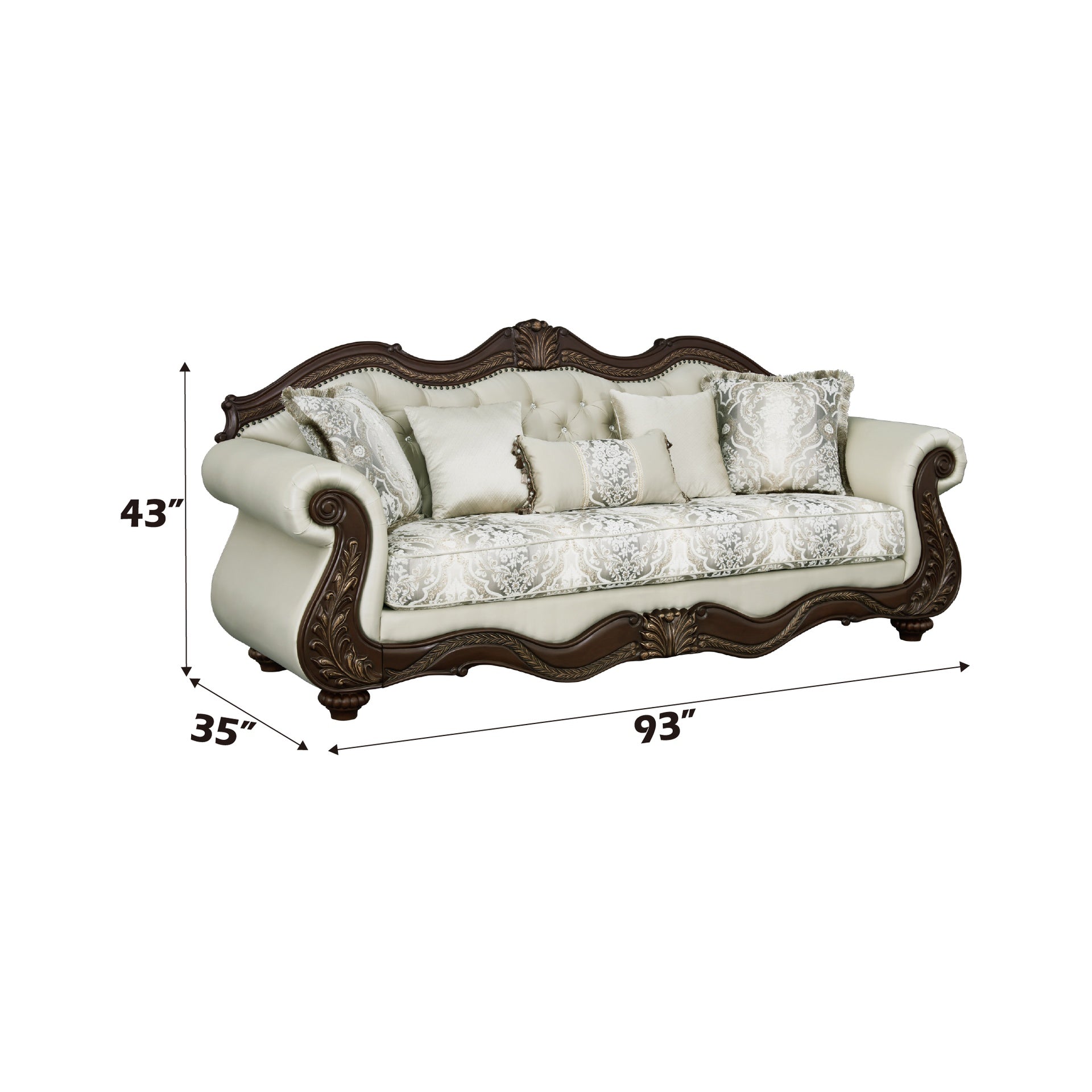 Pierce Beige Fabric & Cherry Finish Sofa w/5 Pillows