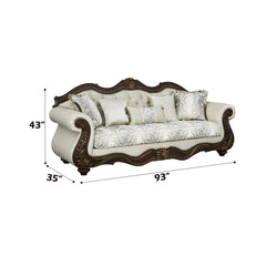 Pierce Beige Fabric & Cherry Finish Sofa w/5 Pillows