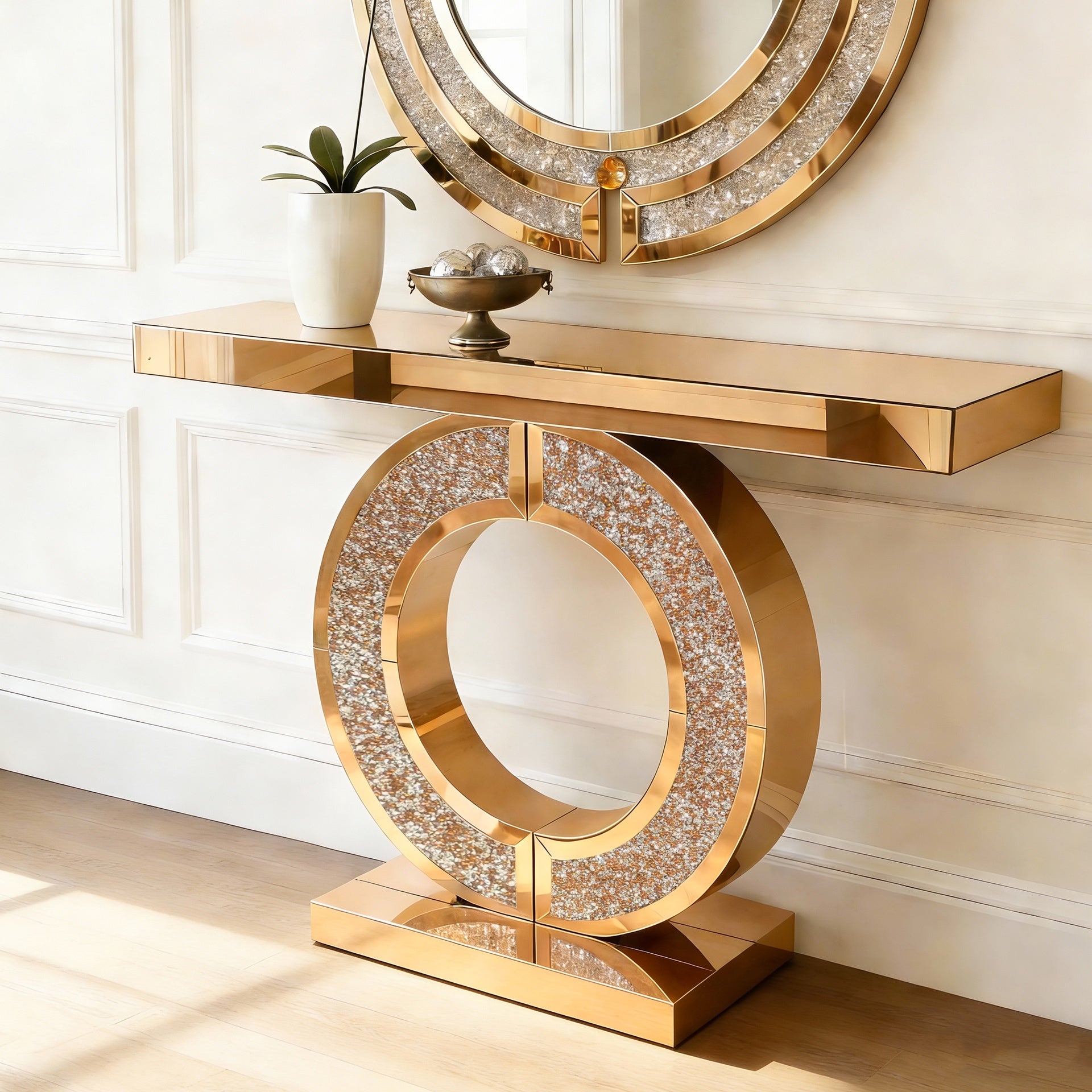 Mirrored Console Table With Crushed diamond Inlay, Long Entryway Sofatable, 0-Shaped Base Modern Accent Narrow Table(Brown)