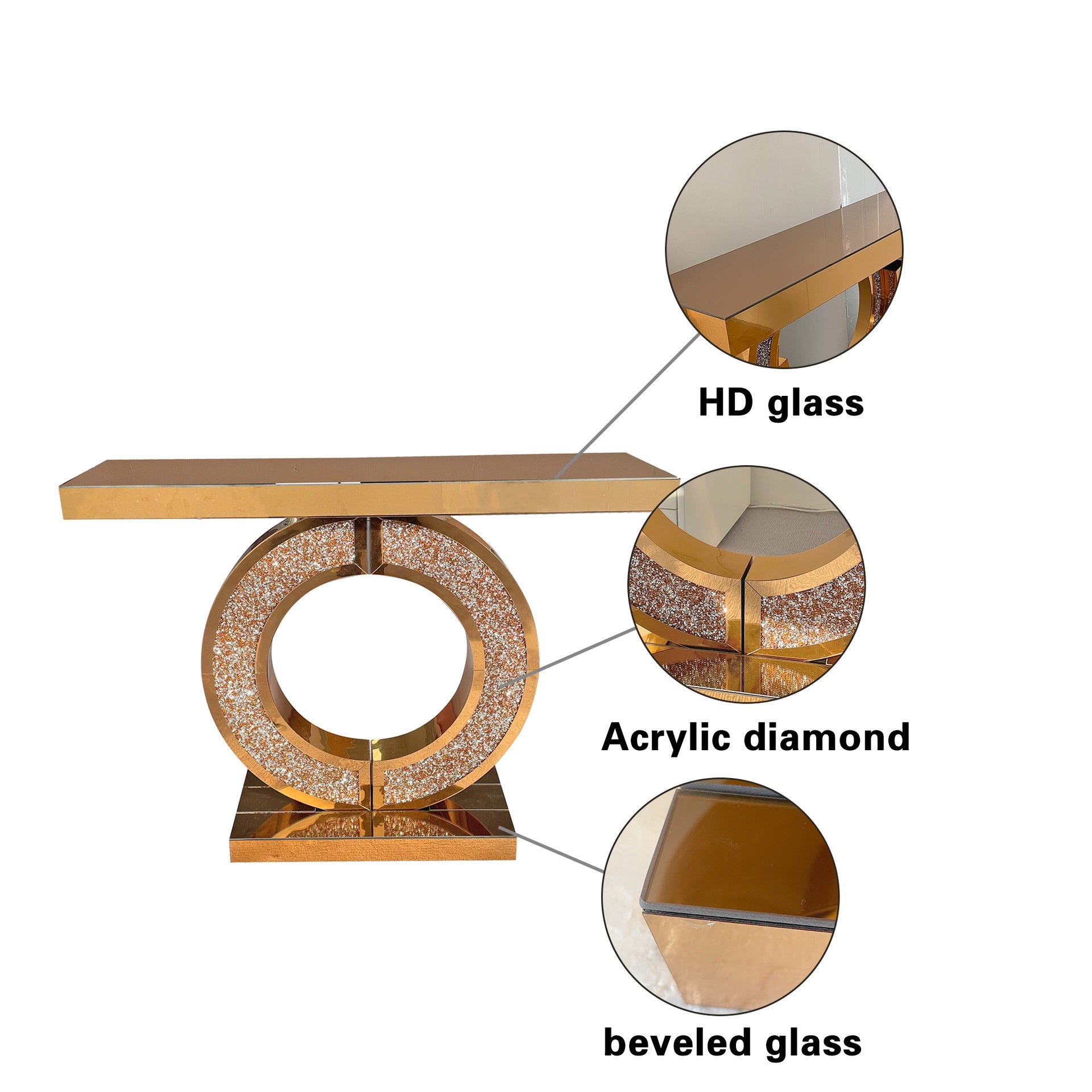 Mirrored Console Table With Crushed diamond Inlay, Long Entryway Sofatable, 0-Shaped Base Modern Accent Narrow Table(Brown)