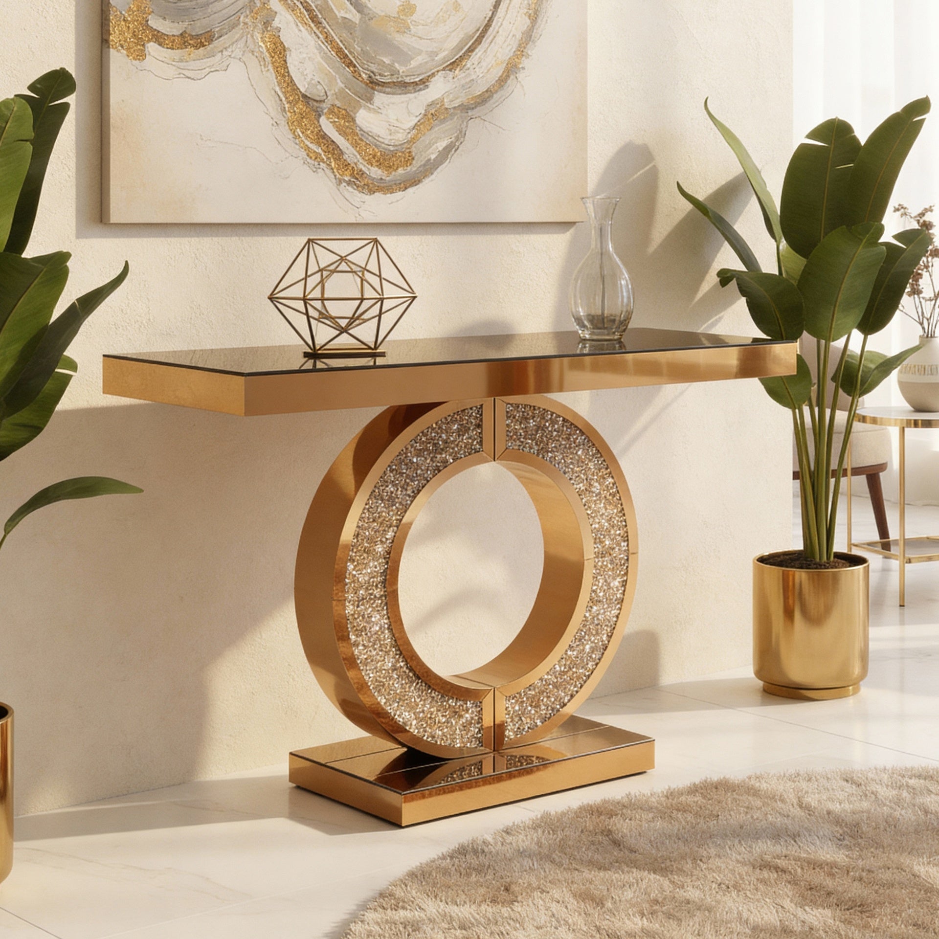 Mirrored Console Table With Crushed diamond Inlay, Long Entryway Sofatable, 0-Shaped Base Modern Accent Narrow Table(Brown)