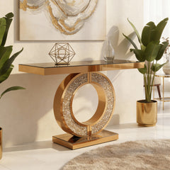 Mirrored Console Table With Crushed diamond Inlay, Long Entryway Sofatable, 0-Shaped Base Modern Accent Narrow Table(Brown)