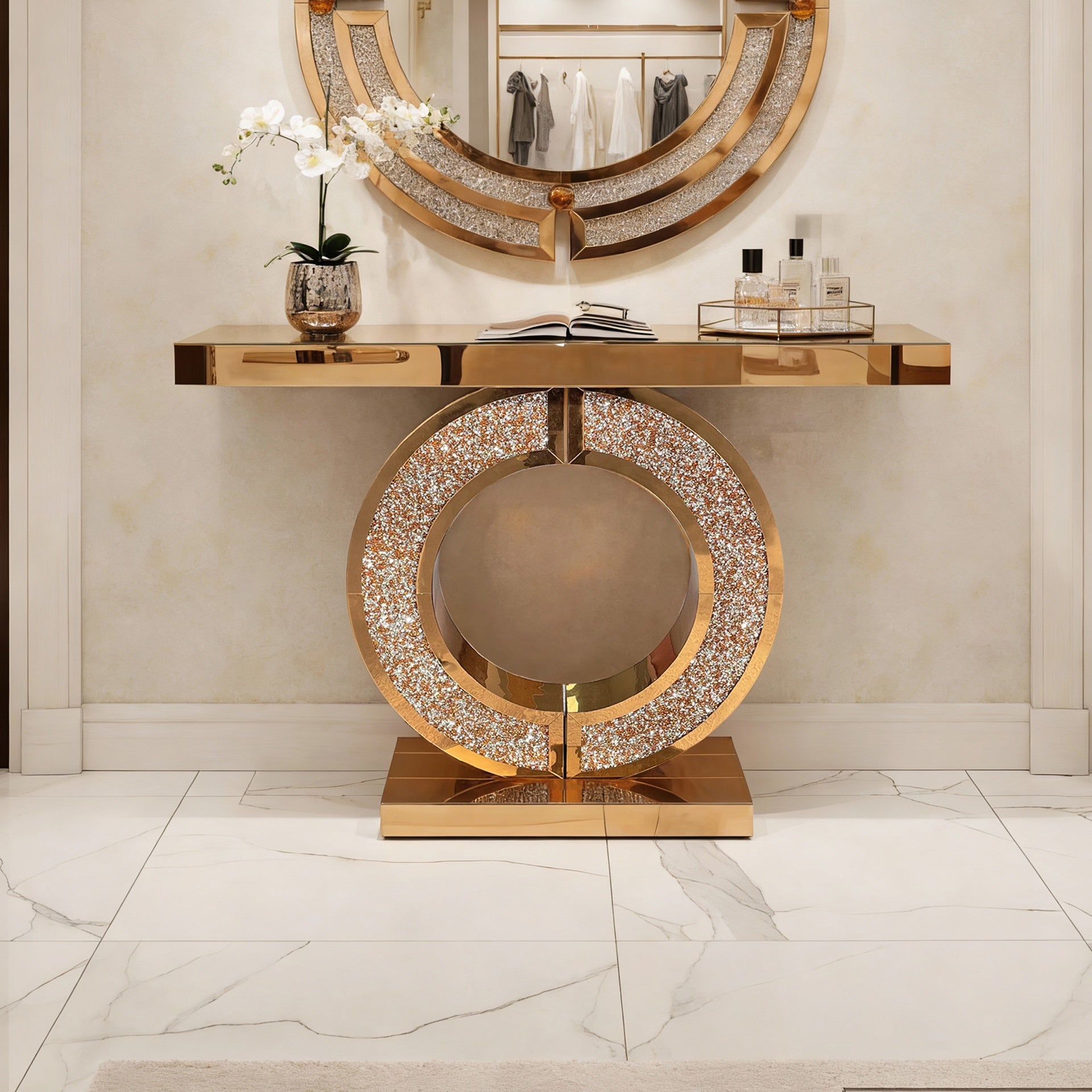 Mirrored Console Table With Crushed diamond Inlay, Long Entryway Sofatable, 0-Shaped Base Modern Accent Narrow Table(Brown)