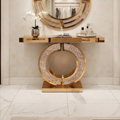 Mirrored Console Table With Crushed diamond Inlay, Long Entryway Sofatable, 0-Shaped Base Modern Accent Narrow Table(Brown)