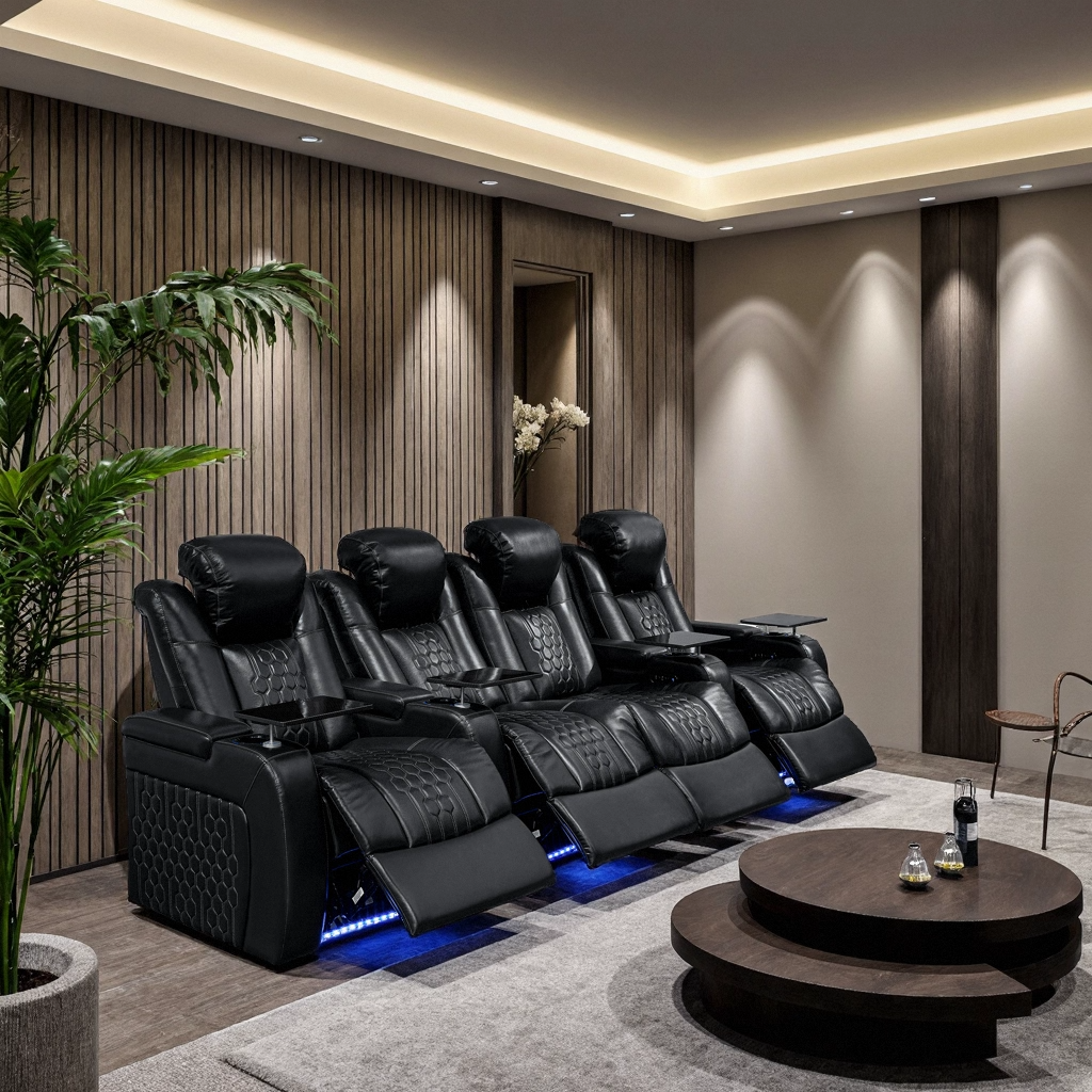 124.4"Power Recliner 4 PC Made WithTop-Grain Nappa,Fully Adjustable Relaxation,Smart Charging,Dynamic RGB LED Lighting,BLACK