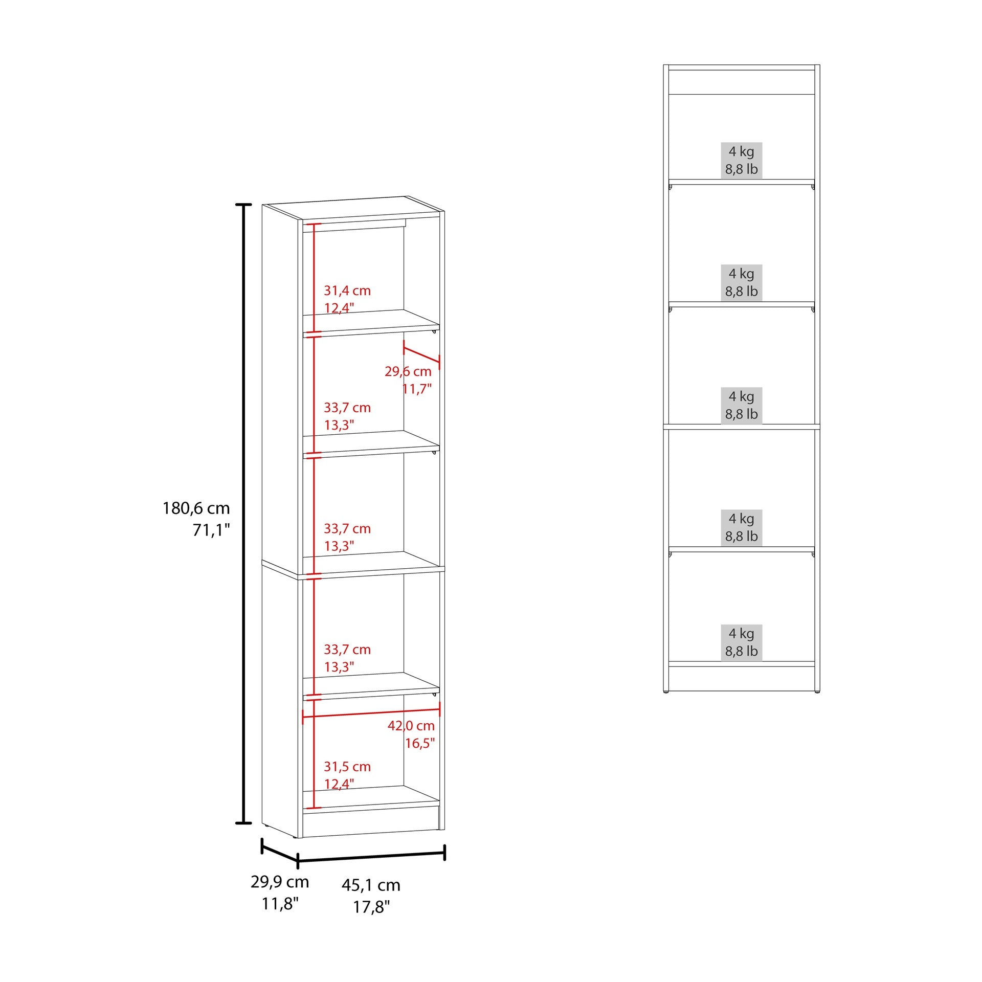 Home Slim 5 Shelves Narrow Bookcase With Open Shelves, Stained Walnut