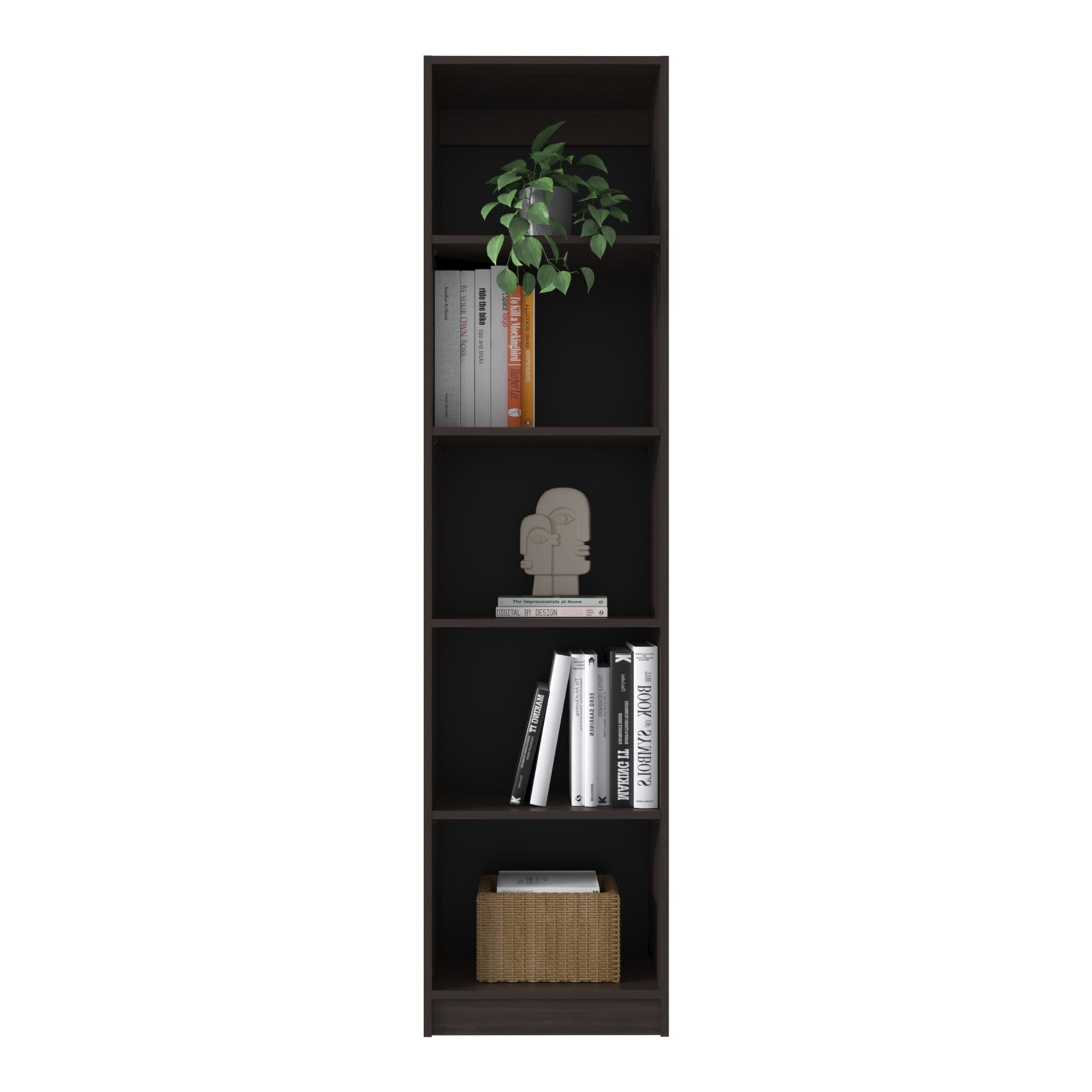 Home Slim 5 Shelves Narrow Bookcase With Open Shelves, Stained Walnut