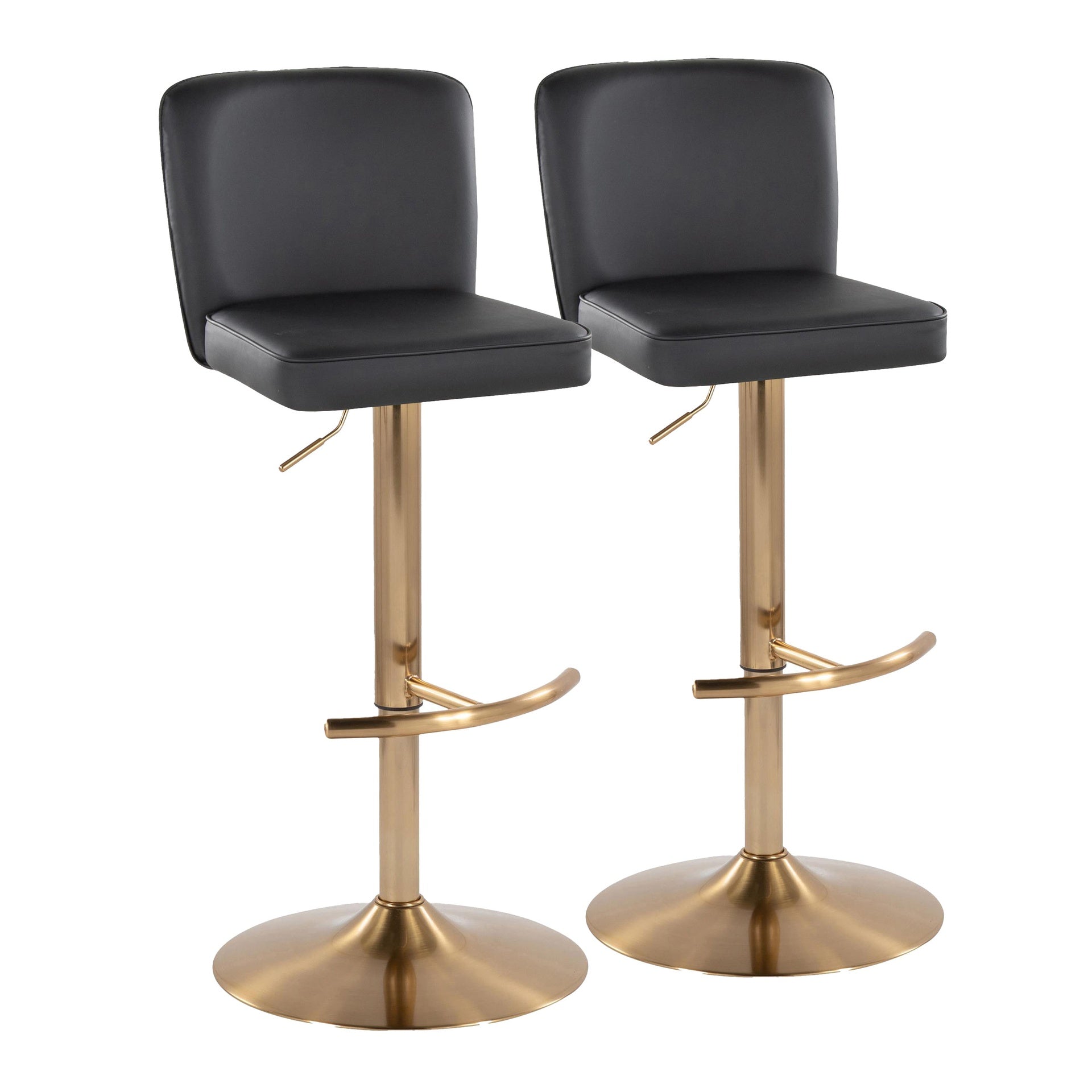 Henry Contemporary Adjustable Barstool with Swivel in Gold Metal and Black Faux Leather with Rounded T Footrest by LumiSource - Set of 2