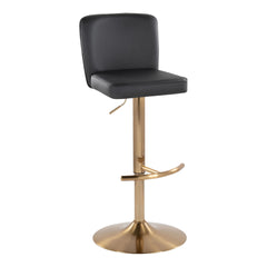Henry Contemporary Adjustable Barstool with Swivel in Gold Metal and Black Faux Leather with Rounded T Footrest by LumiSource - Set of 2
