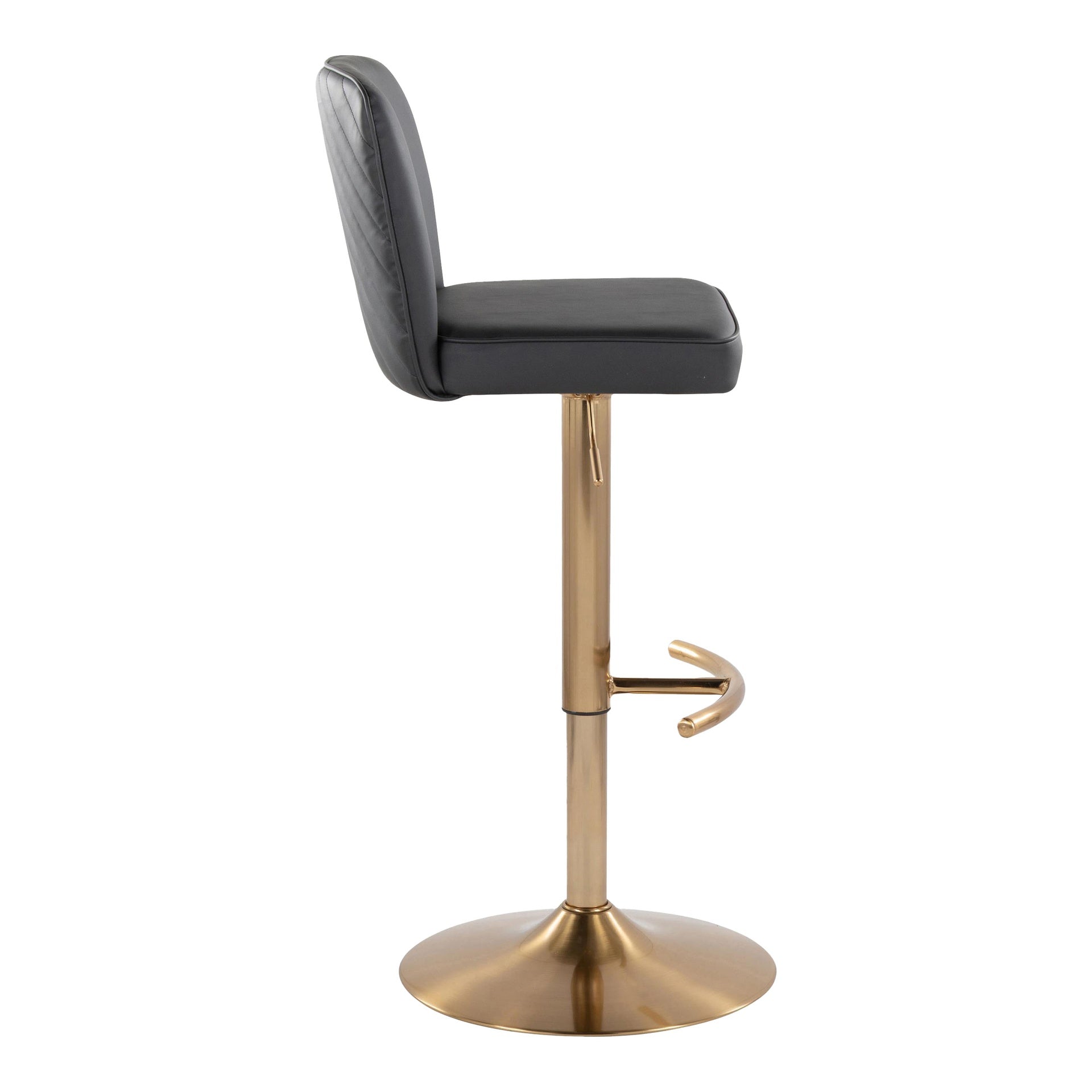 Henry Contemporary Adjustable Barstool with Swivel in Gold Metal and Black Faux Leather with Rounded T Footrest by LumiSource - Set of 2