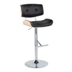 Lombardi Contemporary Adjustable Barstool with Swivel in Chrome Metal, Natural Wood and Black Faux Leather with Straight T Footrest  by LumiSource - Set of 2