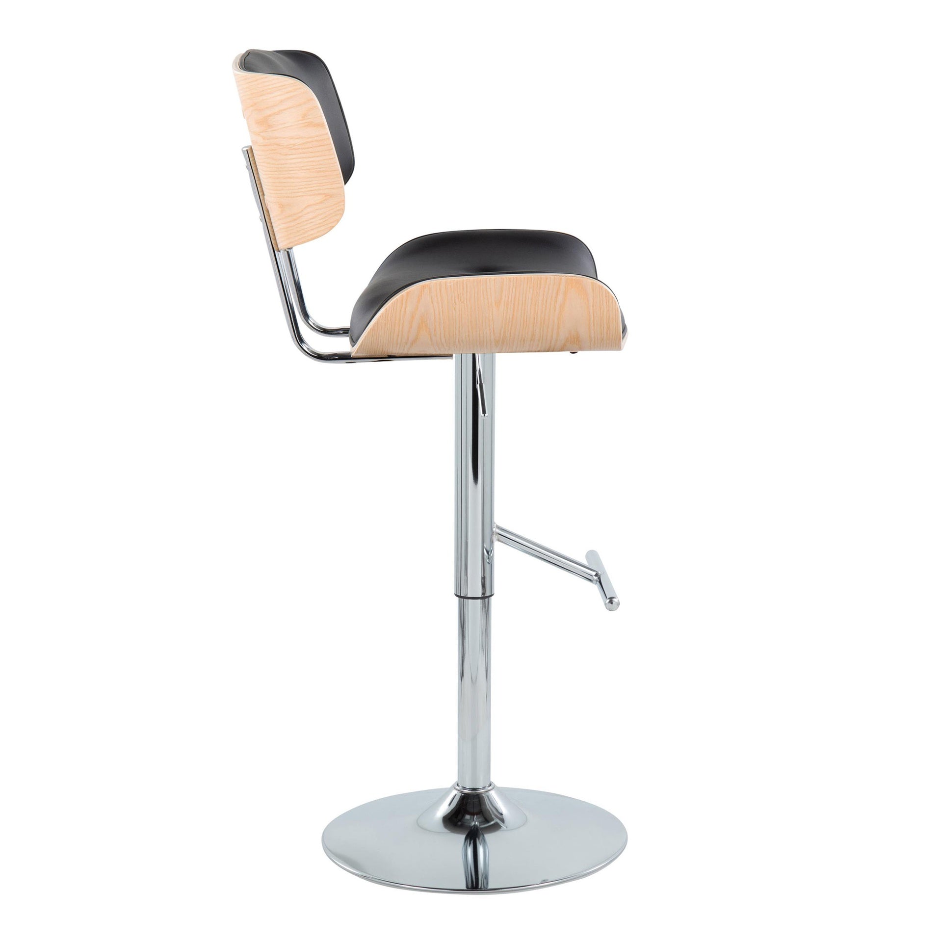 Lombardi Contemporary Adjustable Barstool with Swivel in Chrome Metal, Natural Wood and Black Faux Leather with Straight T Footrest  by LumiSource - Set of 2
