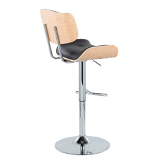 Lombardi Contemporary Adjustable Barstool with Swivel in Chrome Metal, Natural Wood and Black Faux Leather with Straight T Footrest  by LumiSource - Set of 2