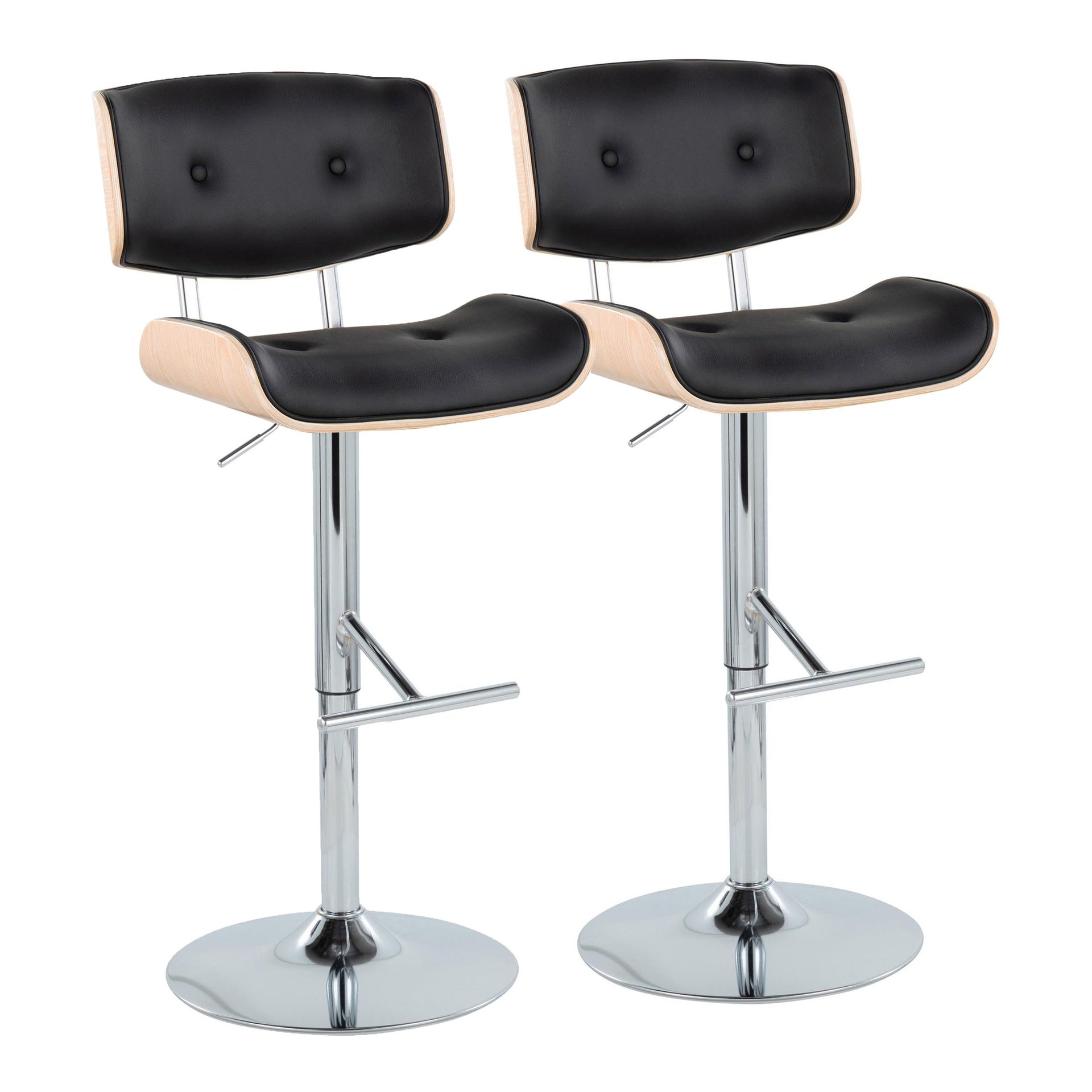 Lombardi Contemporary Adjustable Barstool with Swivel in Chrome Metal, Natural Wood and Black Faux Leather with Straight T Footrest  by LumiSource - Set of 2
