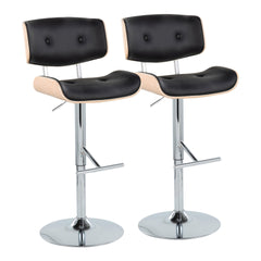 Lombardi Contemporary Adjustable Barstool with Swivel in Chrome Metal, Natural Wood and Black Faux Leather with Straight T Footrest  by LumiSource - Set of 2