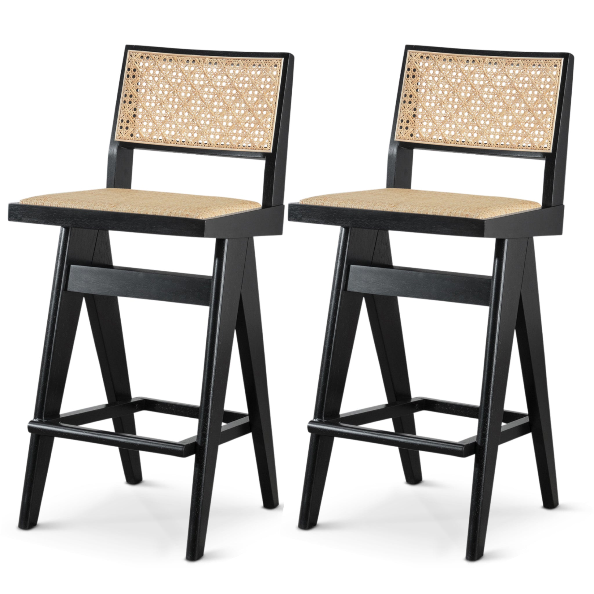 Keira Mid-Century Rattan Bar Stool Set of 2 with Leather Seat in Black 27.4In