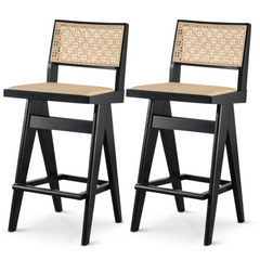 Keira Mid-Century Rattan Bar Stool Set of 2 with Leather Seat in Black 27.4In