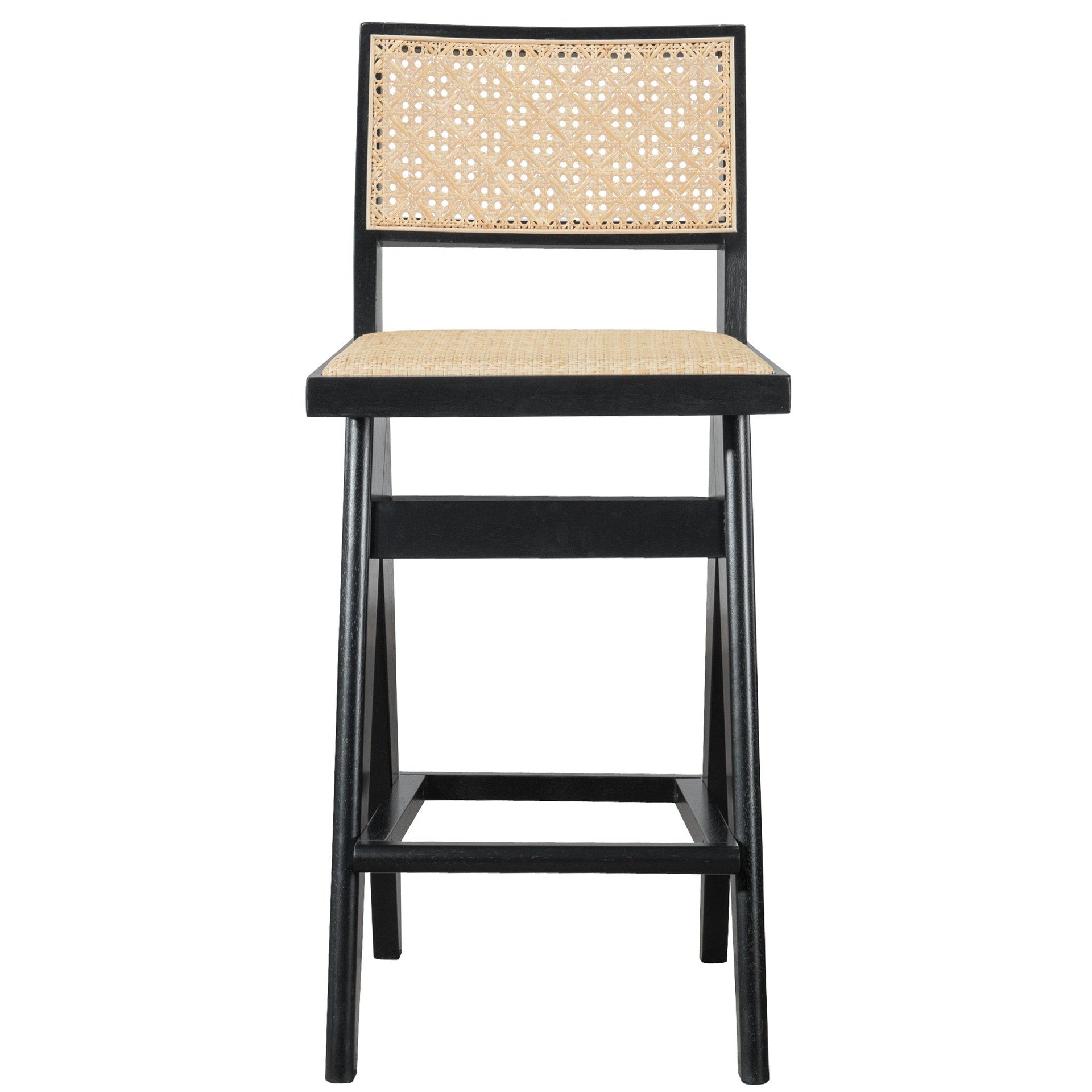 Keira Mid-Century Rattan Bar Stool Set of 2 with Leather Seat in Black 27.4In