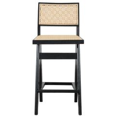 Keira Mid-Century Rattan Bar Stool Set of 2 with Leather Seat in Black 27.4In