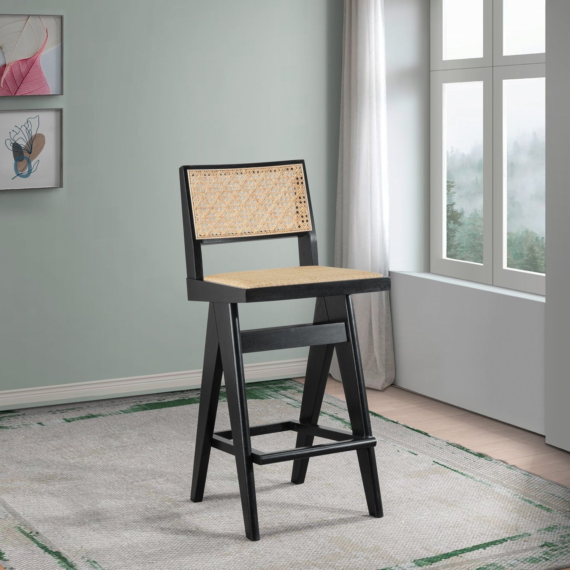 Keira Mid-Century Rattan Bar Stool Set of 2 with Leather Seat in Black 27.4In
