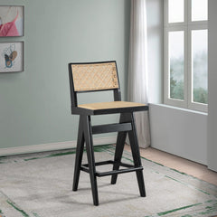 Keira Mid-Century Rattan Bar Stool Set of 2 with Leather Seat in Black 27.4In
