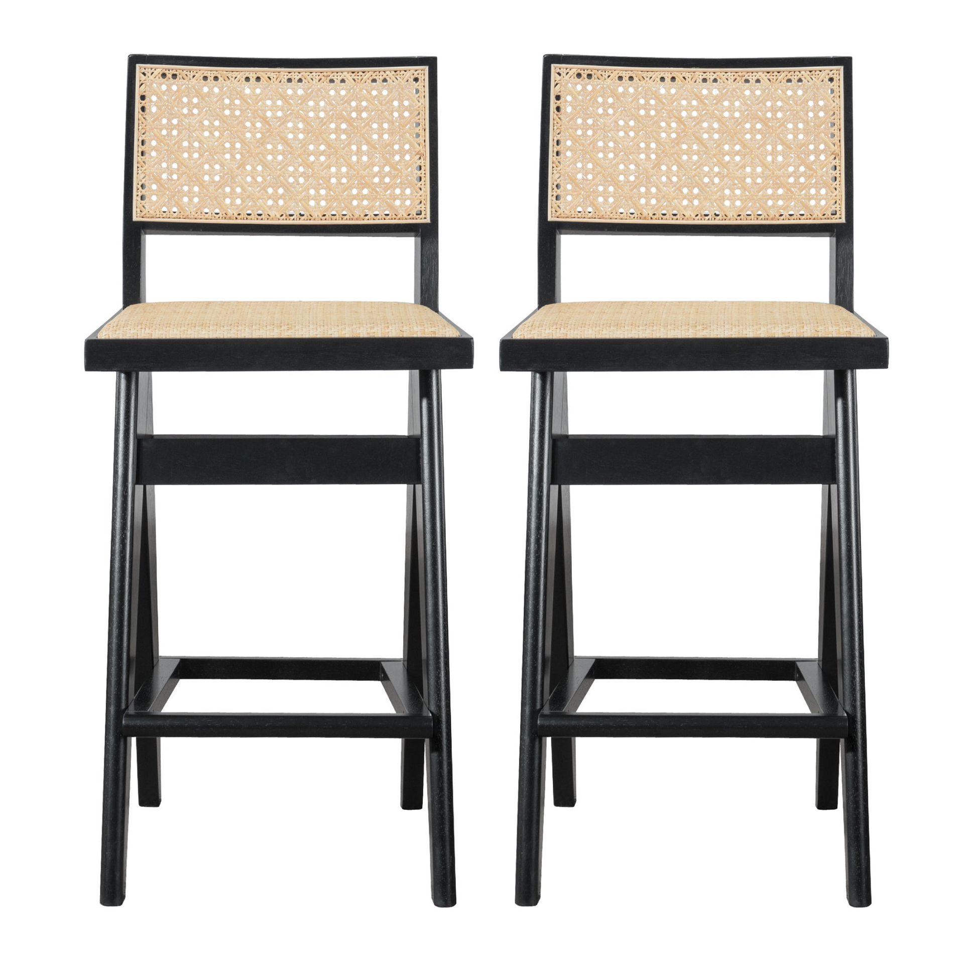Keira Mid-Century Rattan Bar Stool Set of 2 with Leather Seat in Black 27.4In