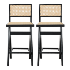 Keira Mid-Century Rattan Bar Stool Set of 2 with Leather Seat in Black 27.4In