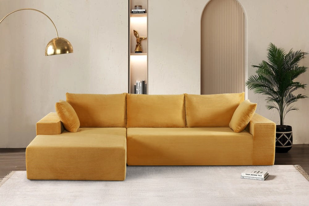 CozyForm Convertible Sectional Sofa in Soft Corduroy, Modern Comfy Couch with Full Foam Cushioning, Cozy Sleeper Sectional for Living Room, Bedroom, No Assembly Required, Ginger Yellow - left Facing