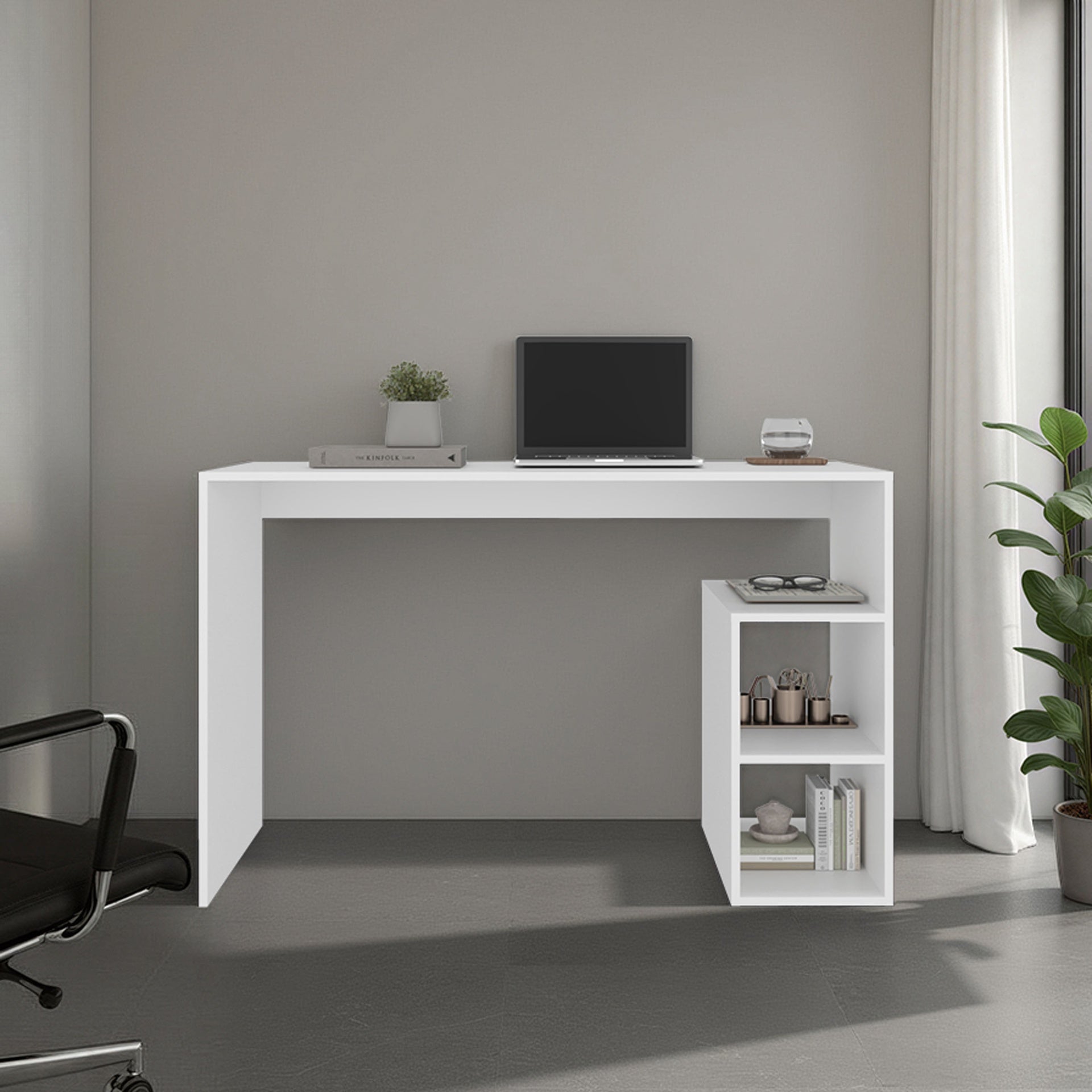 Solid Wide Writing Desk with 3 side Open Storage Shelves, Top Workspace, Freestanding Computer Desk for Home Office, Bedroom or Living Room