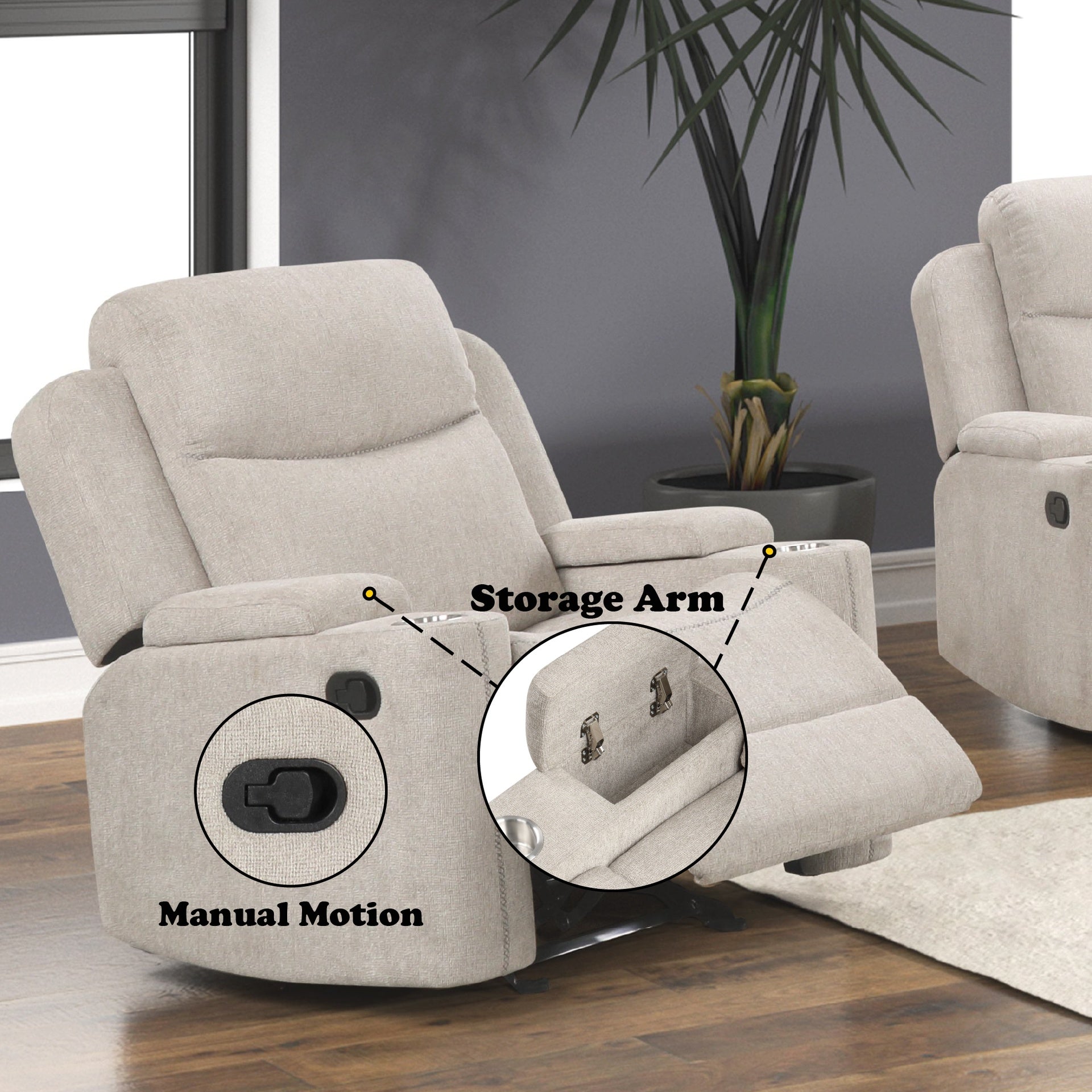 Galya Light Gray Chenille Motion Glider Recliner
