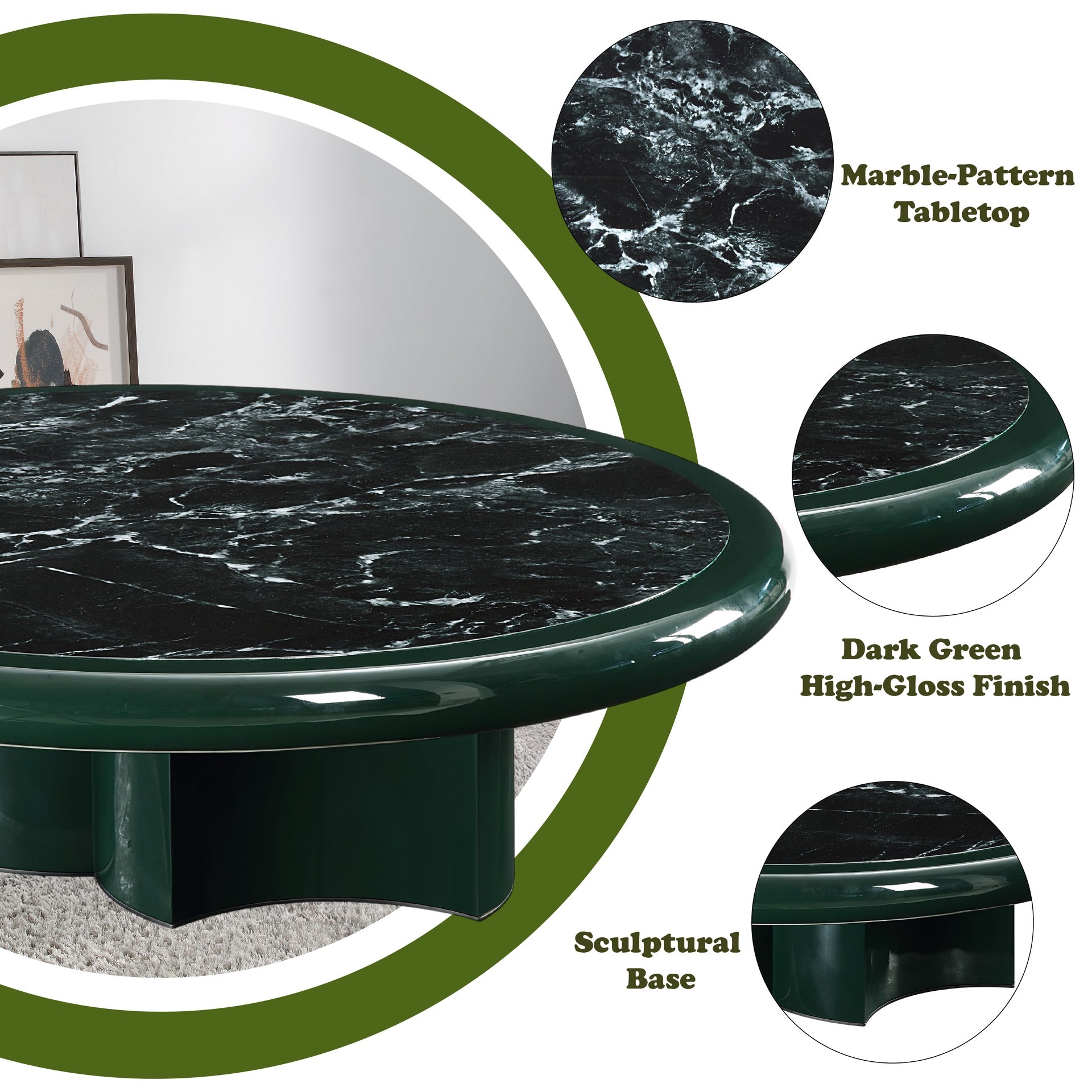 Ronald Marble Pattern Top, Dark Green Coffee Table