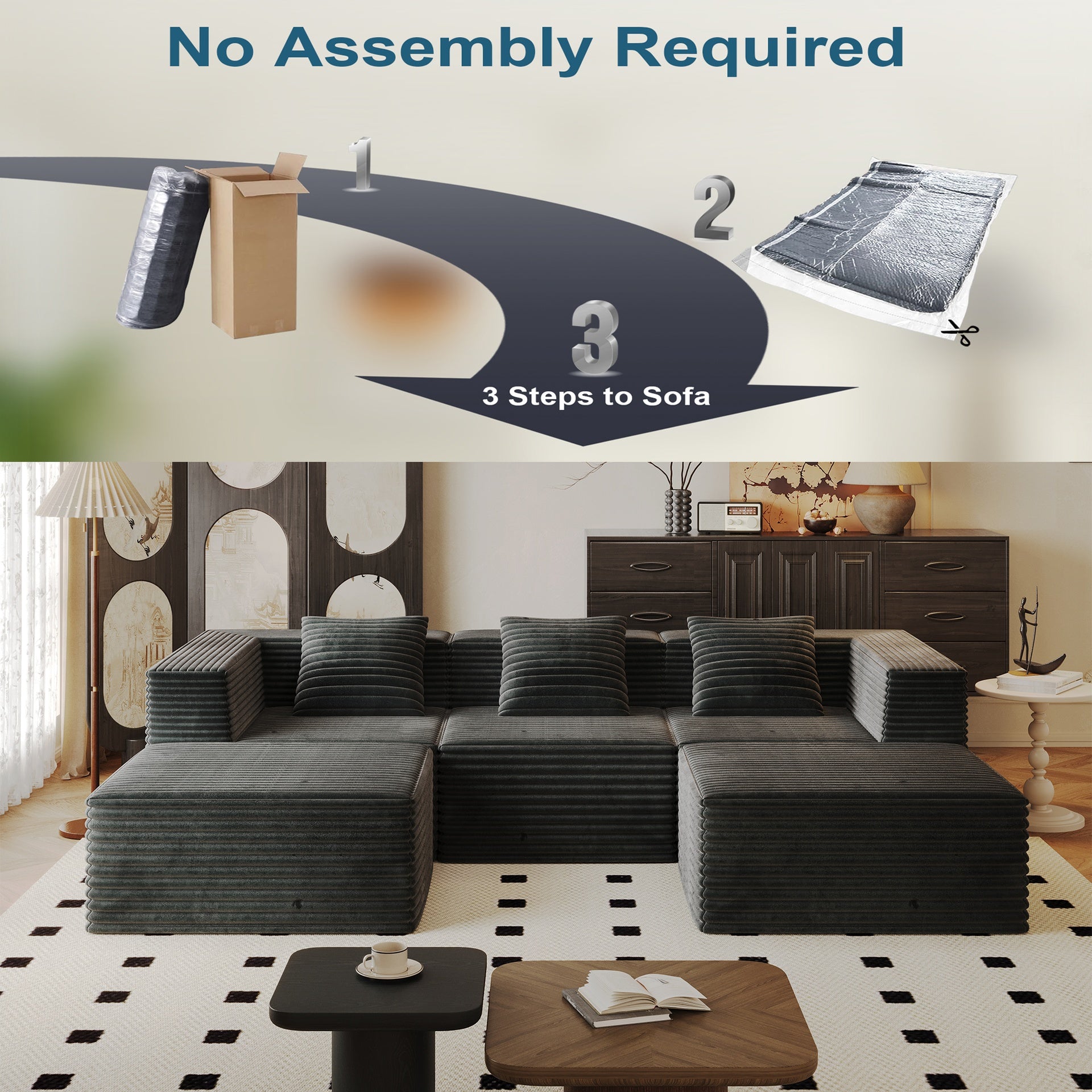 Modular Sectional Couch, Boneless Sofa with Deep Seat, High Density Memory Foam, Compression Sofa for Living Room Bedroom Apartment, No Assembly Required, Grey  (3*Seat+2*Ottoman)