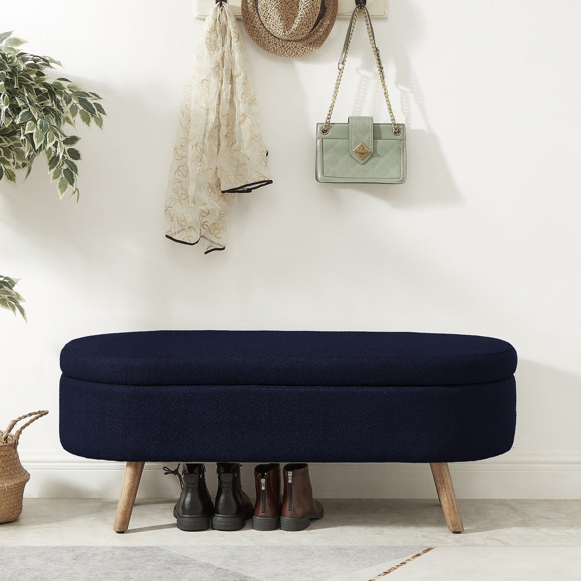 Luxury Oval Boucle Storage Ottoman Bench with Wood Legs 350lb Weight Capacity & Safety Hinge, for Living Room, Bedroom Entryway,NABY BLUE