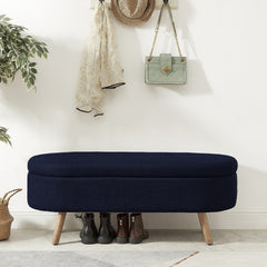 Luxury Oval Boucle Storage Ottoman Bench with Wood Legs 350lb Weight Capacity & Safety Hinge, for Living Room, Bedroom Entryway,NABY BLUE