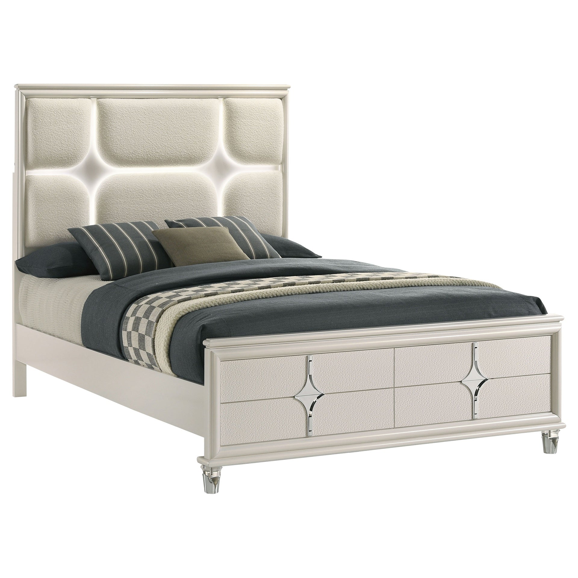 Gwendolyn Pearl White Queen Panel Bed LED Headboard