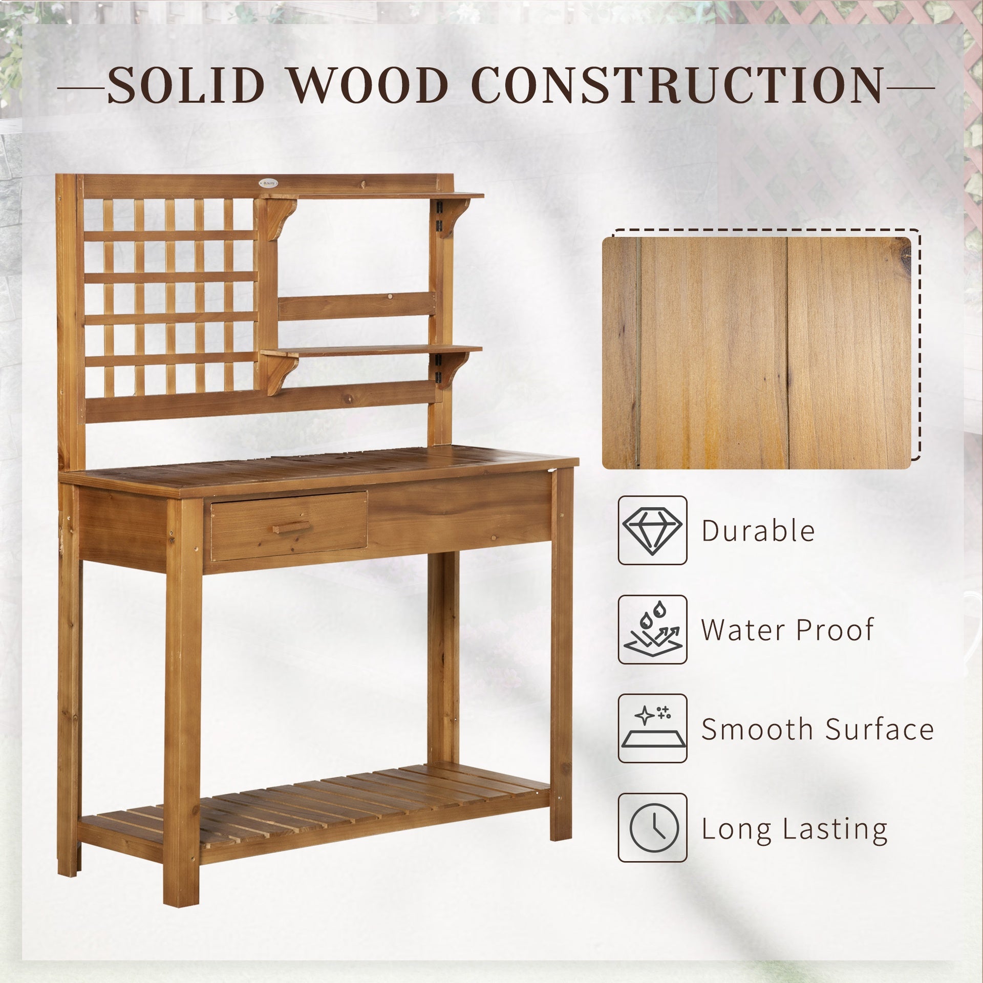 Outsunny Potting Bench Table, Garden Work Bench, Outdoor Wooden Workstation with Tiers of Shelves and Drawer for Patio, Courtyards, Balcony, Brown