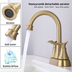 2-Handle 4-Inch Brushed Gold Bathroom Faucet, Bathroom Vanity Sink Faucets with Pop-up Drain and Supply Hoses