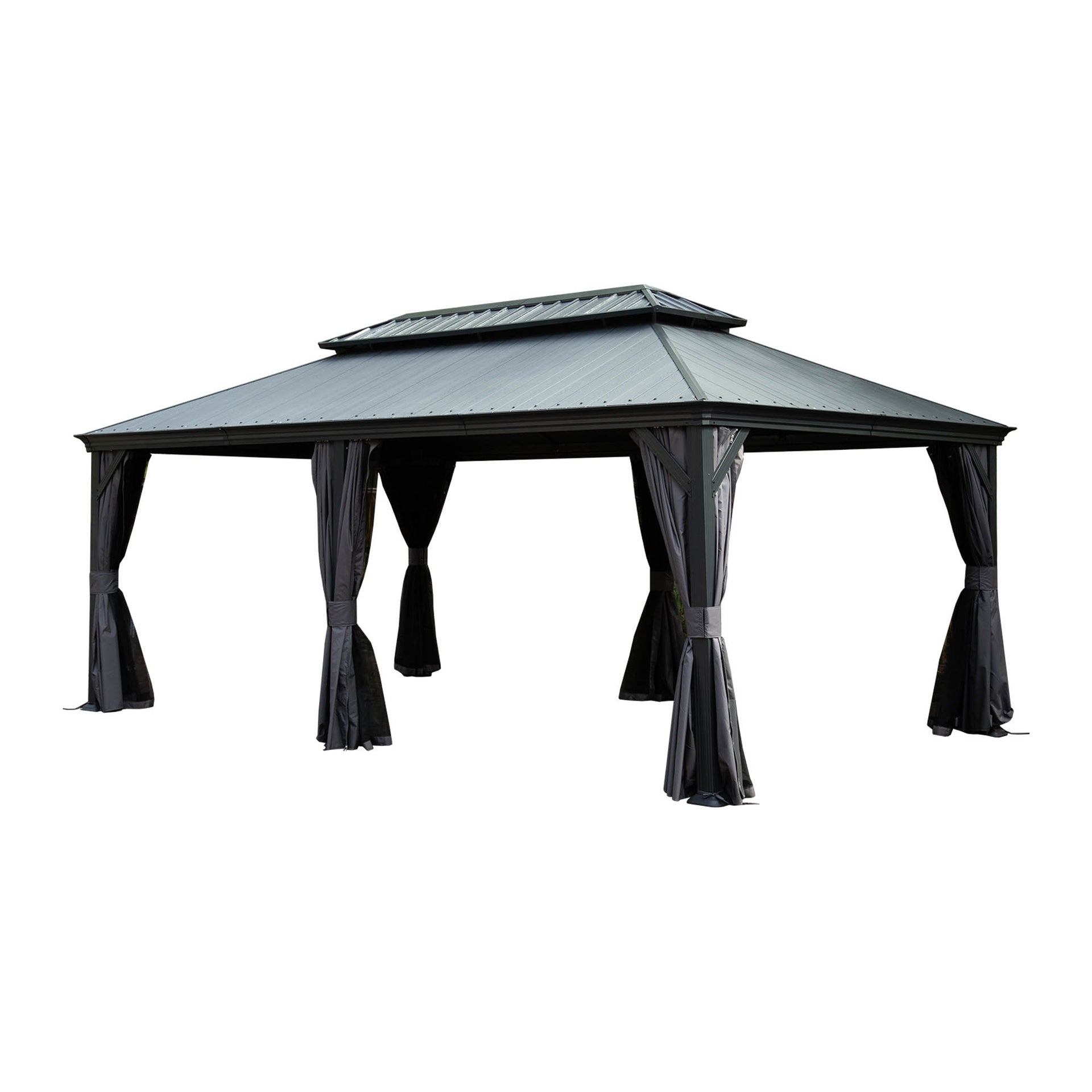 12'x20' Hardtop Gazebo with Resin Roof, Outdoor Metal Gazebo with Drainage Gutters, Permanent Heavy Duty Pavilion for Patio, Backyard and Deck, Curtains and Mosquito Netting Included