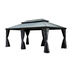 12'x20' Hardtop Gazebo with Resin Roof, Outdoor Metal Gazebo with Drainage Gutters, Permanent Heavy Duty Pavilion for Patio, Backyard and Deck, Curtains and Mosquito Netting Included