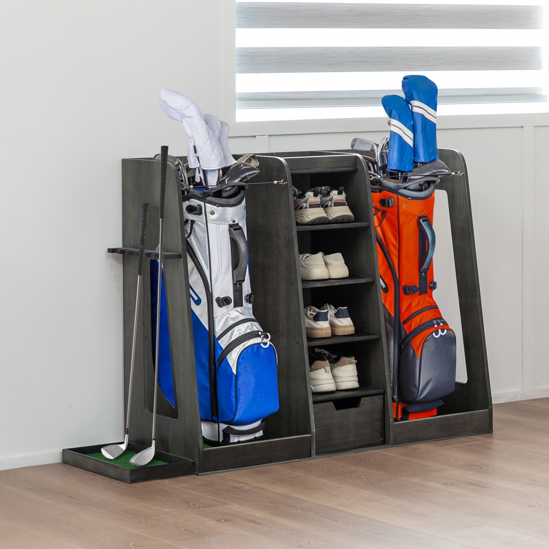 55.5''x16''x37''(LxWxH) Wooden Golf Bag Organizer and Storage Rack, High Quality Wooden 2 Golf Bag Rack with Drawers, Easy to Assemble Golf Club Holder/Stand with Club Holders on Side,Gray