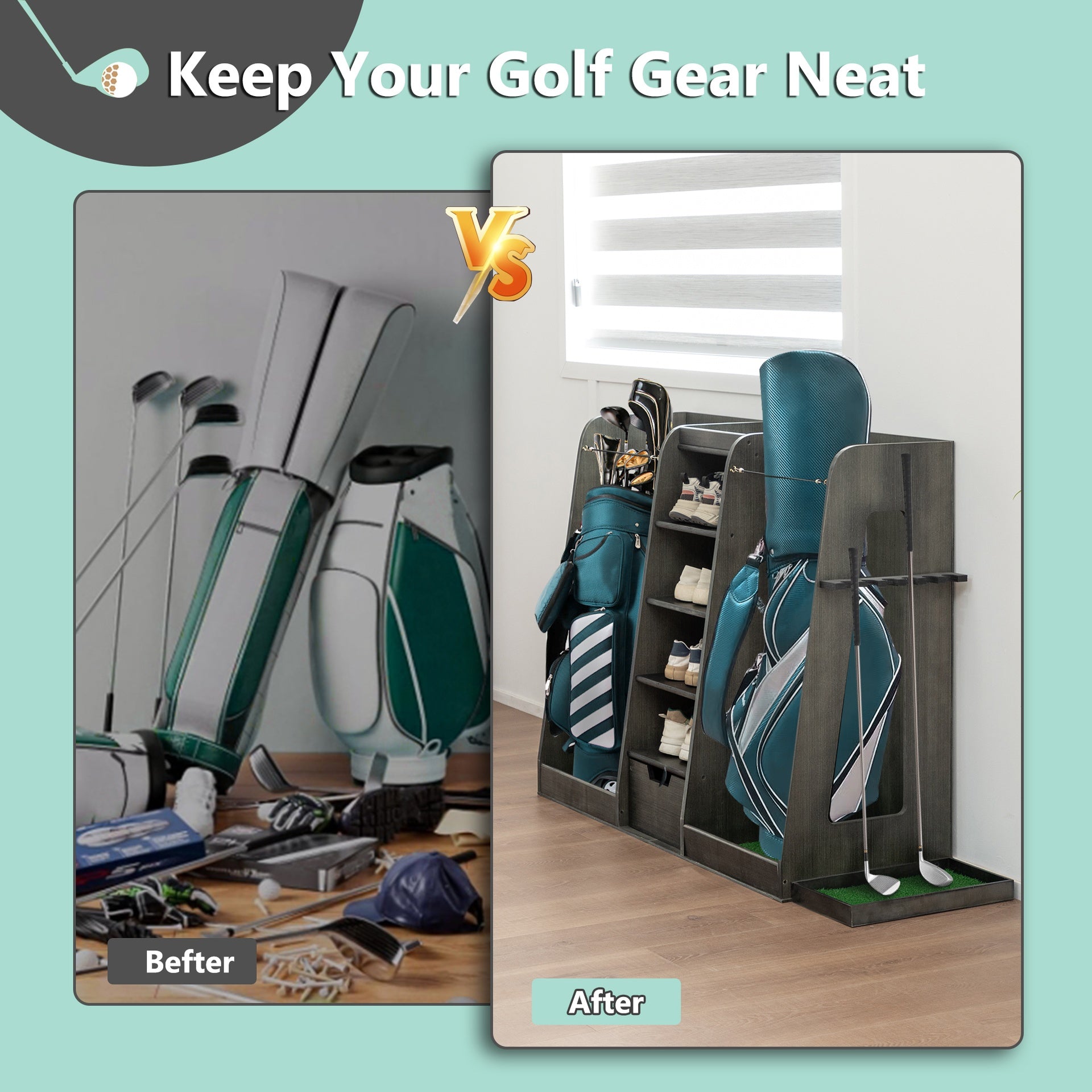 55.5''x16''x37''(LxWxH) Wooden Golf Bag Organizer and Storage Rack, High Quality Wooden 2 Golf Bag Rack with Drawers, Easy to Assemble Golf Club Holder/Stand with Club Holders on Side,Gray