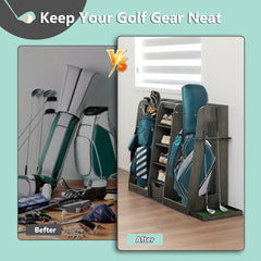 55.5''x16''x37''(LxWxH) Wooden Golf Bag Organizer and Storage Rack, High Quality Wooden 2 Golf Bag Rack with Drawers, Easy to Assemble Golf Club Holder/Stand with Club Holders on Side,Gray