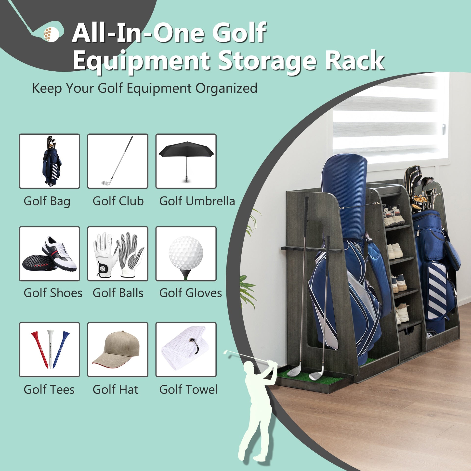 55.5''x16''x37''(LxWxH) Wooden Golf Bag Organizer and Storage Rack, High Quality Wooden 2 Golf Bag Rack with Drawers, Easy to Assemble Golf Club Holder/Stand with Club Holders on Side,Gray