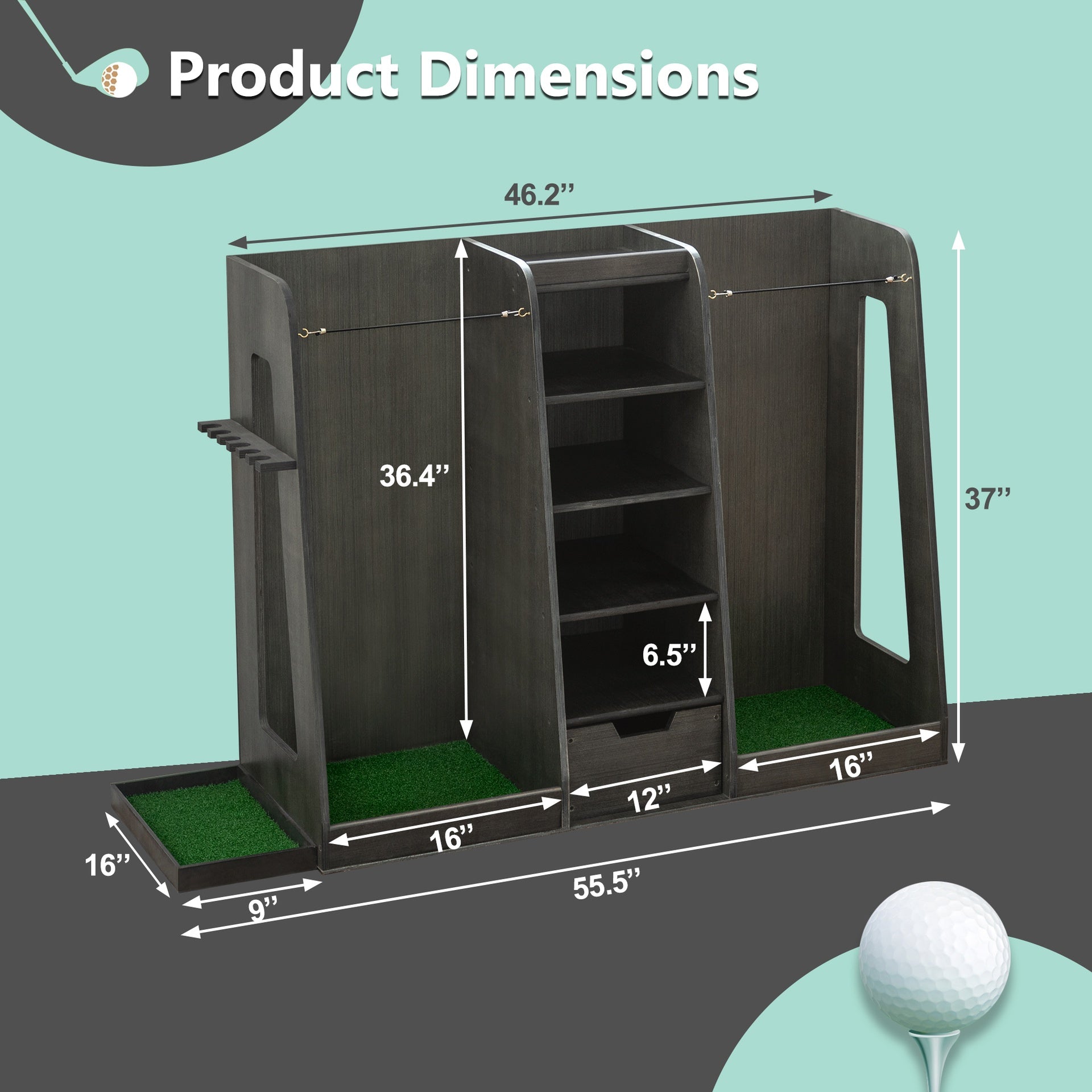 55.5''x16''x37''(LxWxH) Wooden Golf Bag Organizer and Storage Rack, High Quality Wooden 2 Golf Bag Rack with Drawers, Easy to Assemble Golf Club Holder/Stand with Club Holders on Side,Gray