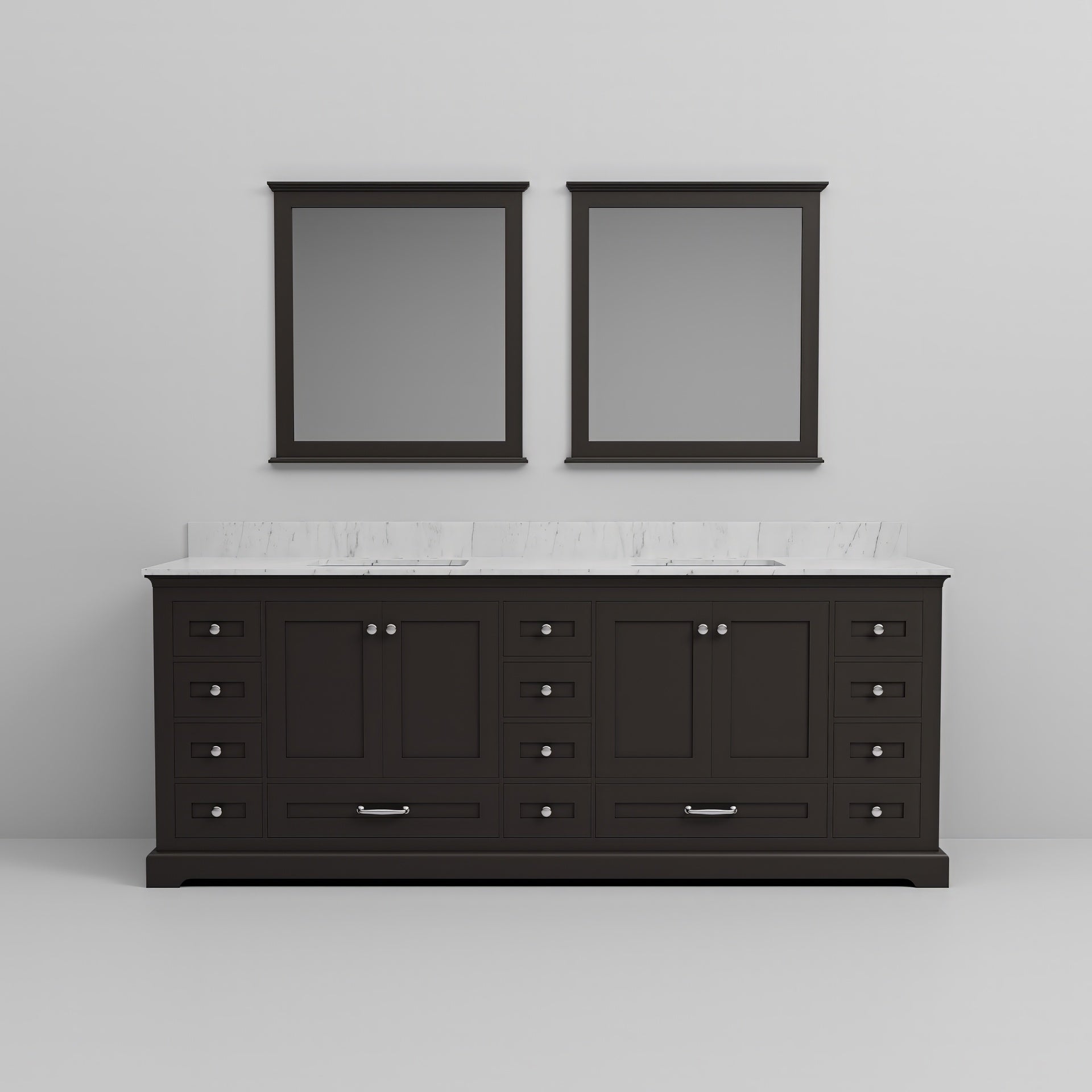 Espresso Double Bath Vanity 84 in. W x 22 in. D, Carrara Marble Top, and 34 in. Mirrors
