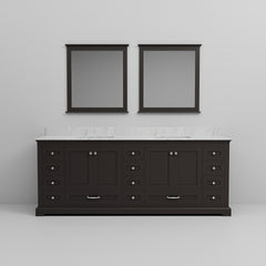 Espresso Double Bath Vanity 84 in. W x 22 in. D, Carrara Marble Top, and 34 in. Mirrors